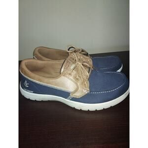 Skechers Women's Boat Shoes 9.5 On the Go Walk Flex Embark Goga Mat Lace Up Navy